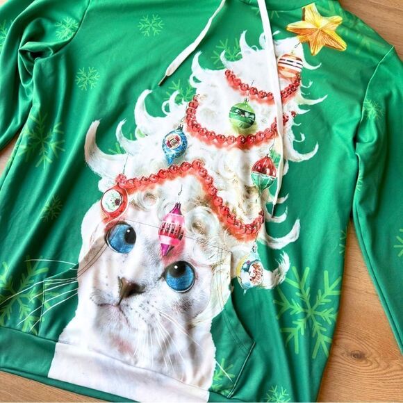 Christmas Tree Cat Green Hoodie Sweatshirt Holiday Ugly Sweater Size Large - Picture 3 of 4